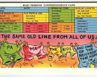Vintage Linen Busy Persons Correspondence Comic Postcard 1950s