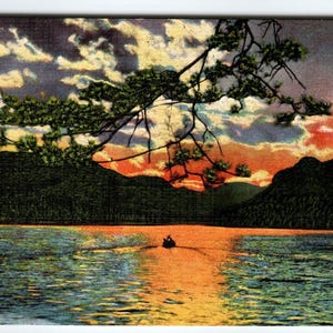Carte postale vintage en lin Lake Lure Sunset Caroline du Nord inutilisée Scenic Deuel News