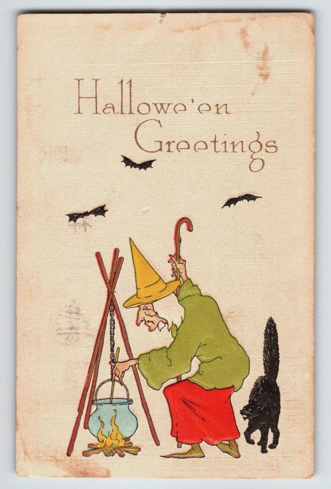 Vintage 1907-1915 Halloween Witch & Black Cat Divided Back Postcard ...