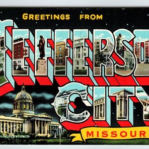 Carte postale lettre grande lettre Jefferson City, Missouri Greetings From Linen Curt Teich, cadeau unique