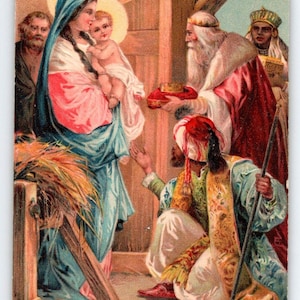 Weihnachts Postkarte 3 weise Männer Madonna Baby Jesus Heilige Familie 11060 PFB Germany