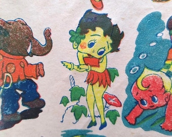 Vintage 1950s Japanese Decal Sticker Sheet Cartoon Characters Betty Boop Hula