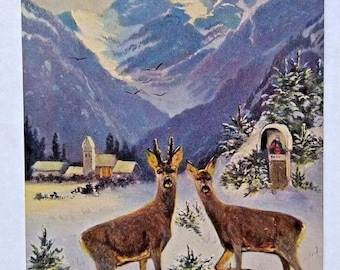 Hirsch Verschneite Berge Kirche Postkarte Signiert Müller Deutschland Vintage Unbenutzt Einzigartiges Geschenk