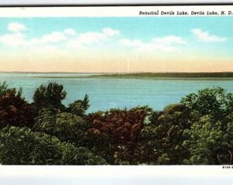 Vintage Linen Postcard Beautiful Devils Lake North Dakota Scenic View