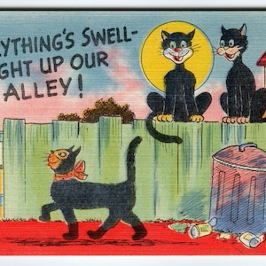 Schwarze Katzen Vollmond Right Up Our Alley Lustig Comical Postkarte Leinen Unbenutzte Postkarte