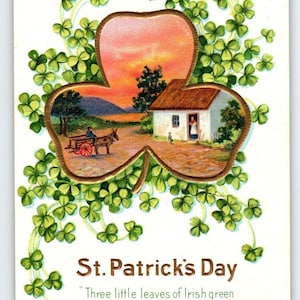 Carte postale Saint-Patrick trèfles en relief, charrette à âne Nash, vert irlandais, cadeau unique antique