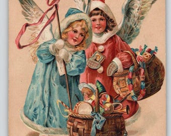 1908 Vintage Geprägte Weihnachtspostkarte mit Engelskorb Voller Geschenke & Spielzeug