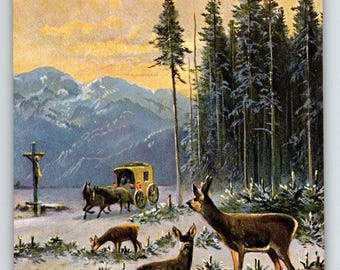 Postkarte Hirsch Bewachung Pferdewagen Bergkreuz signiert Müller Deutschland KB 1329 Unikat Geschenk