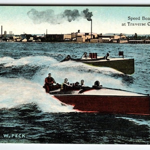Speed Boat Race Postcard Traverse City Michigan Orson W Peck Curt Teich Unused Unique Gift
