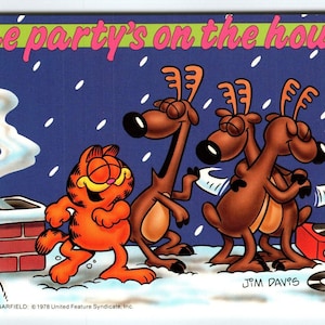 Garfield Cat Weihnachtspostkarte Reindeer Dachparty Plattenmusik Jim Denim 1978 Einzigartiges Geschenk