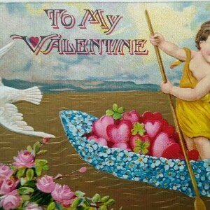 Chérubin ange rangées bateau or océan mouette coeurs valentine carte postale Allemagne 687 cadeau unique