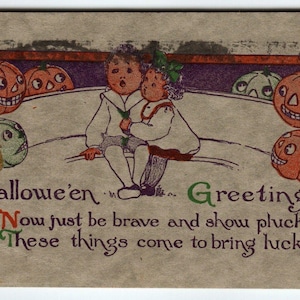 Carte postale Halloween garçon fille citrouilles JOL texturée Everett Studios antique 1916 cadeau unique