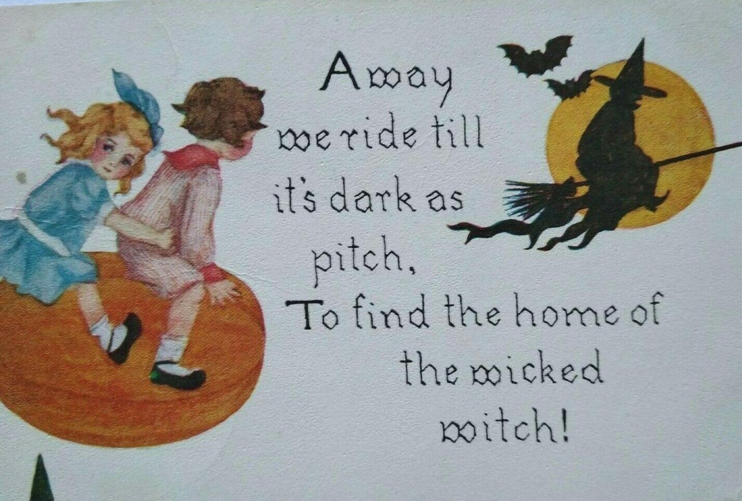 Vintage Halloween Postcard Kids Flying on Pumpkin Chases A Witch 857 FA ...