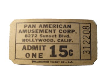 Pan American Park Ticket Stub, Hollywood CA, 1950s Vintage Collectible