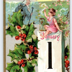 Carte postale Nouvel An 1909 Tuck Father Time Ange Lever du soleil 1er janvier Série 145 Antique