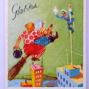 May include: A vintage postcard with a whimsical illustration of three people flying on a broomstick. The text "Glad Påsk" is written in black at the top of the postcard. The people are wearing colorful clothing and are flying over a cityscape. A person in a blue uniform is standing on a tall pole, waving at the flying people.