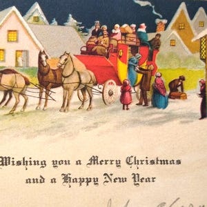 新年、クリスマス、早めのグリーティングカード、ビクトリア朝の村の人々、馬車、ユニークなギフト