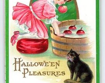 Vintage 1911 Halloween Postcard Girl Bobbing Apples with Black Cat