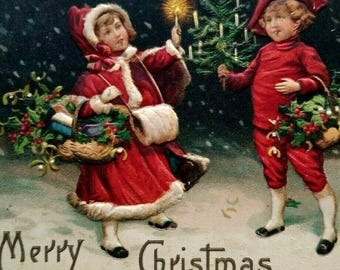 ヴィンテージ 1908年 エンボス加工 クリスマスエンジェル バスケット