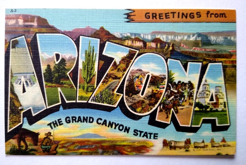 Greetings From Arizona Large Big Letter Linen Postcard Unused Etsy