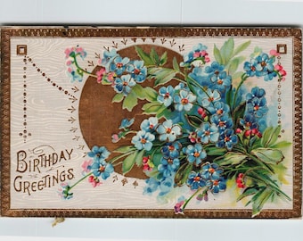 Vintage 1911 Embossed Birthday Postcard with Blue Forget-Me-Not Flowers