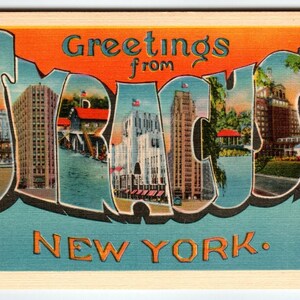 Carte postale vintage Greetings from Syracuse, New York des années 1940, grande lettre, lin