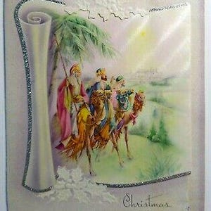 Carte de voeux Christmas Tidings Camel Riders en relief, fantaisie découpée à l'emporte-pièce, vintage 1945, cadeau unique