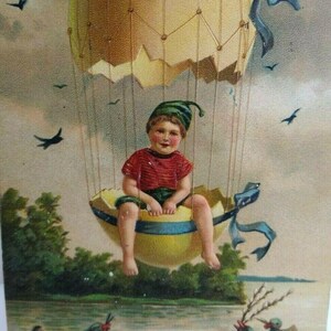 Carte postale de Pâques fantaisie montgolfière avion oeuf fêlé enfant Allemagne PFB cadeau unique