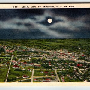Carte postale Anderson en Caroline du Sud, vue nocturne, aérien, clair de lune, toile de lin, cadeau unique