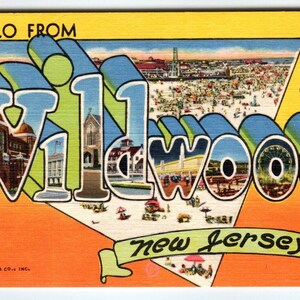 Hola desde Wildwood By The Sea, Nueva Jersey, postal grande de lino con letras C T imagen 1