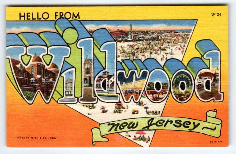Hola desde Wildwood By The Sea, Nueva Jersey, postal grande de lino con letras C T imagen 1