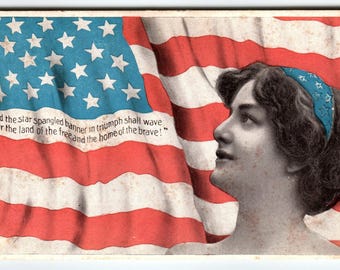 Carte postale patriotique du 4 juillet salutations bannière étoilée drapeau femmes 1118