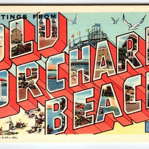 Salutations d'Old Orchard Beach moi. Carte postale des années 40, grande lettre, lin, Maine