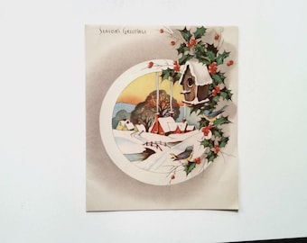 May include: Vintage Christmas card with a winter scene inside a circular frame. The scene depicts snow-covered houses, a bridge, and a birdhouse. Embellished with holly and berries, and the words "Season's Greetings" at the top.
