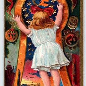 Halloween Carte postale Fille au trou de la serrure Fantaisie Sorcière Diable Lune Visage Nash Série 3