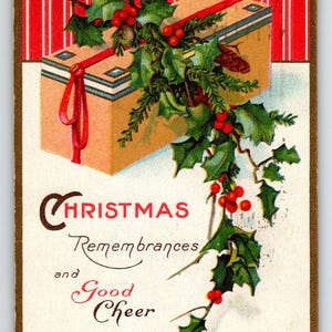 Carte postale de Noël emballée avec des rayures, des feuilles de poinsettia et des voeux, 1920 Stecher