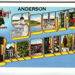 Carte postale vintage Greetings from Anderson en Caroline du Sud, grande lettre, lin, années 40