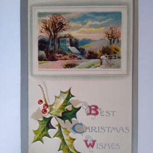 Carte postale de Noël en relief, paysage pittoresque, campagne, feuilles de houx, série 530