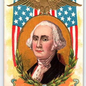 Carte postale patriotique du président américain George Washington de 1909, drapeaux aigle en relief