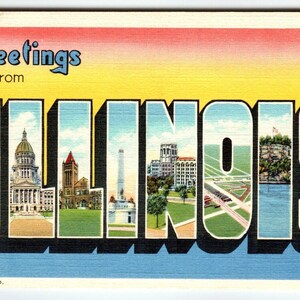 Carte postale de l'Illinois, grosse lettre, grosse lettre, lin inutilisé Curt Teich, cadeau unique
