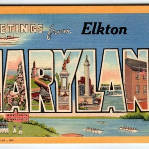 Greetings From Elkton Maryland Postcard Large Big Letter Unused Curt Teich Boats