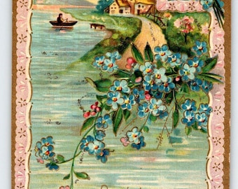 Birthday Greetings Postcard Rustic Cottage Boat Lake Blue Flowers Roses Germany