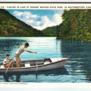 Pêche dans le lac à Hungry State Park Virginie du Sud-Ouest Carte postale Linge de maison Milieu du siècle