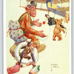 Affe Pilot Flugzeug Bär Postkarte Larson Holz signiert Fantasy Anthropomorph Einzigartiges Geschenk