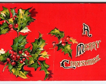 Joyeux Noël carte postale vintage en relief feuilles de houx 1909 salutations antiques