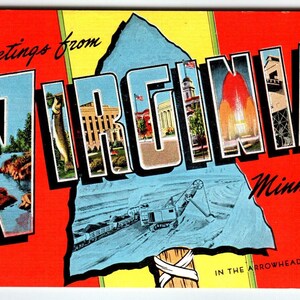 Salutations de Virginie Minnesota Grande carte postale grande lettre, grande lettre, camion pelleteuse, cadeau unique