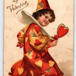 Carte postale Saint-Valentin Costume coeur clown enfant jeton d'amour non signé Ellen Clapsaddle
