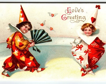 Valentines Day Postcard Child Clowns Fan Unsigned Ellen Clapsaddle Germany 1910 Unique Gift
