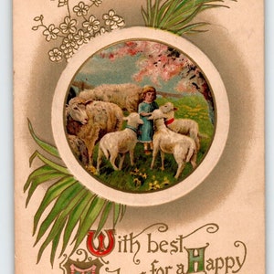 Carte postale de Pâques, fille, mouton, agneaux, ferme rurale, vintage 1909, WM Miller, sans affectation, cadeau unique
