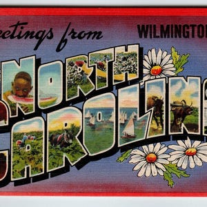 Salutations de Wilmington en Caroline du Nord, grande grande lettre, carte postale d'État en lin, cadeau unique